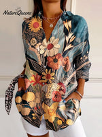 Women's Vintage Flower Art Print Casual Cotton Shirt