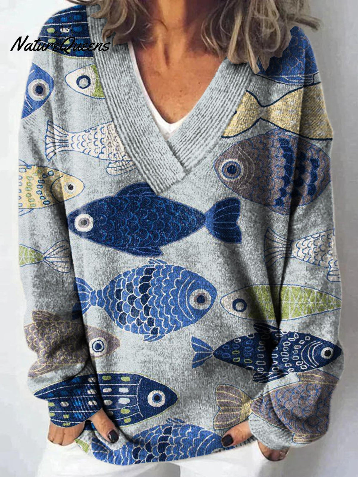 Lovely Fish Art Print Knit V-neck Pullover Sweater