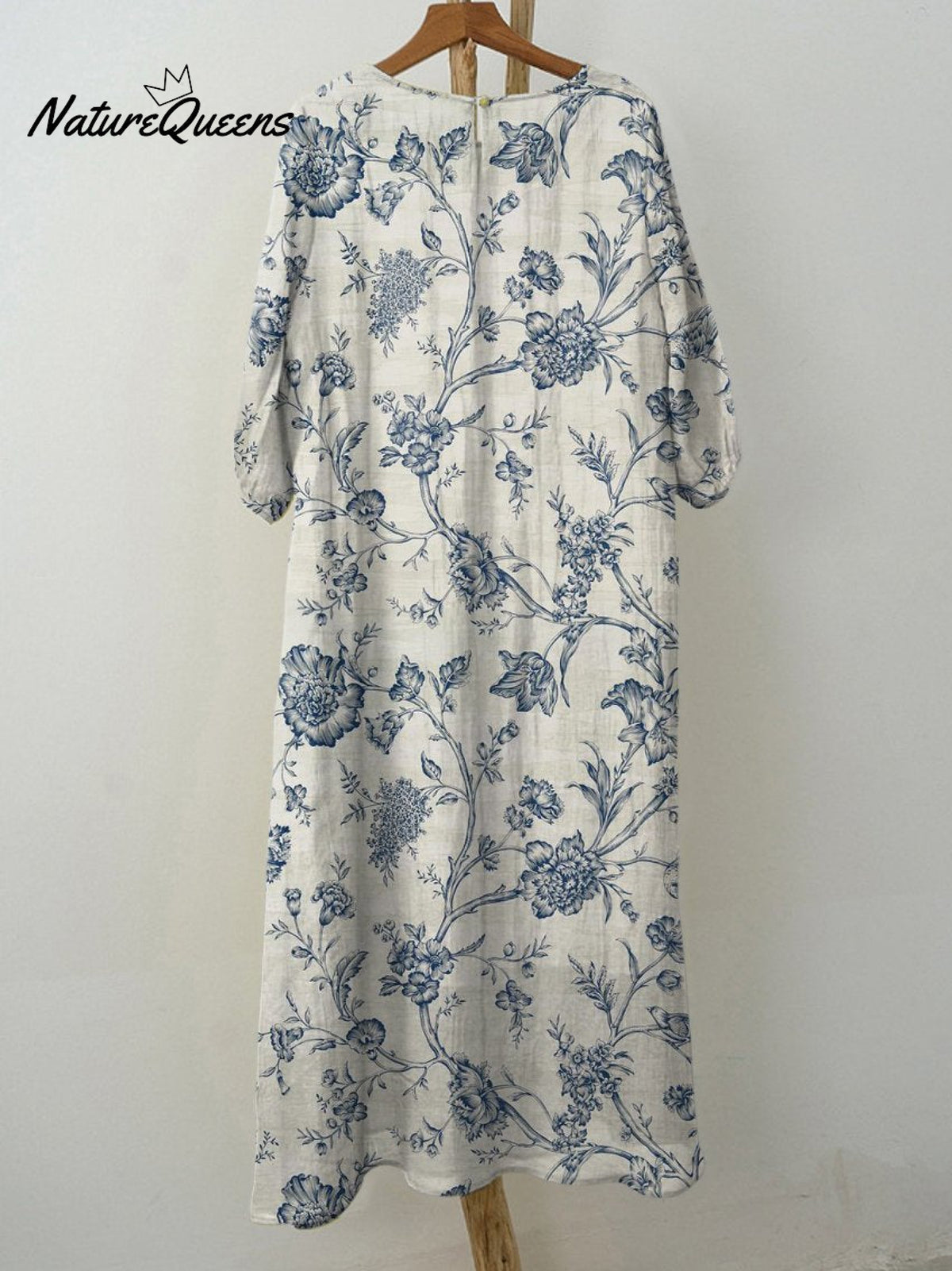 Women's Blue Vintage Curly Floral Print Pocket Cotton Dress