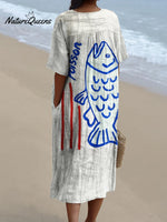 Women's Red Stripes of Blue Fish Watercolor Splash Fluid Art Print Flowy Dress