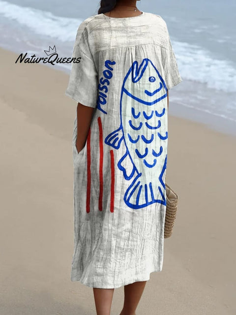 Women's Red Stripes of Blue Fish Watercolor Splash Fluid Art Print Flowy Dress