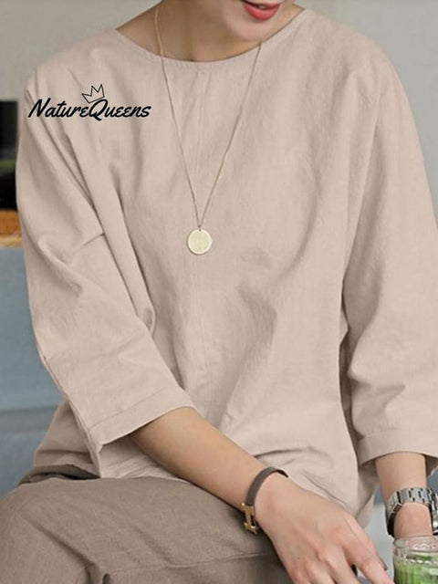 Women's Solid Color Loose Elegant Casual Cotton And Linen T-Shirt