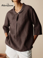 Women’s Casual Linen Cotton 3/4 Sleeve Shirt Brown / S