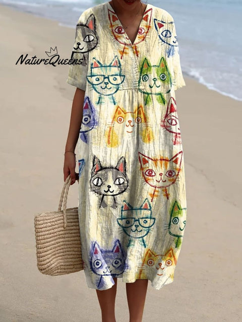 Women's Cute Cat Art Print Flowy Dress