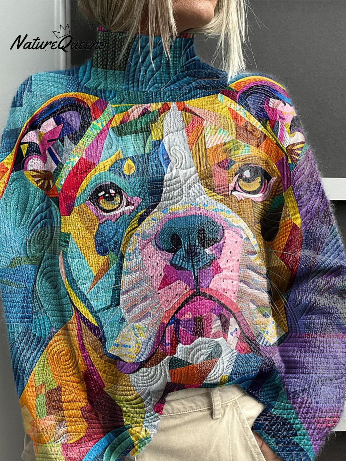 Women's Lovely Pup Art Print Knit Turtleneck Pullover Sweater