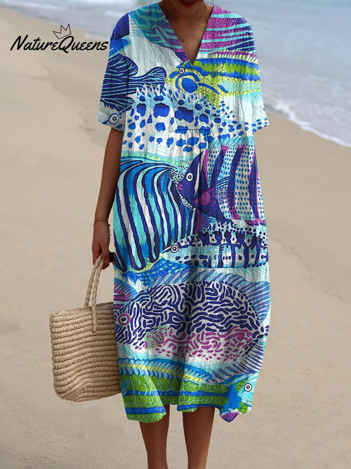 Women's Vintage Lovely Fish Art Print Flowy Dress