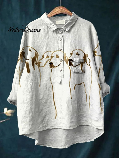 Women's Cute Dog Art Print Casual Cotton And Linen Shirt