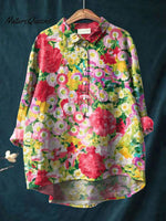 Women's Flower Print Casual Cotton And Linen Shirt