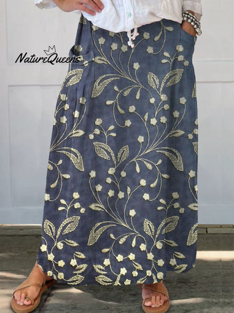 Women’s Retro Floral Art Linen Elastic Waistband Pocket Skirt Blue / S