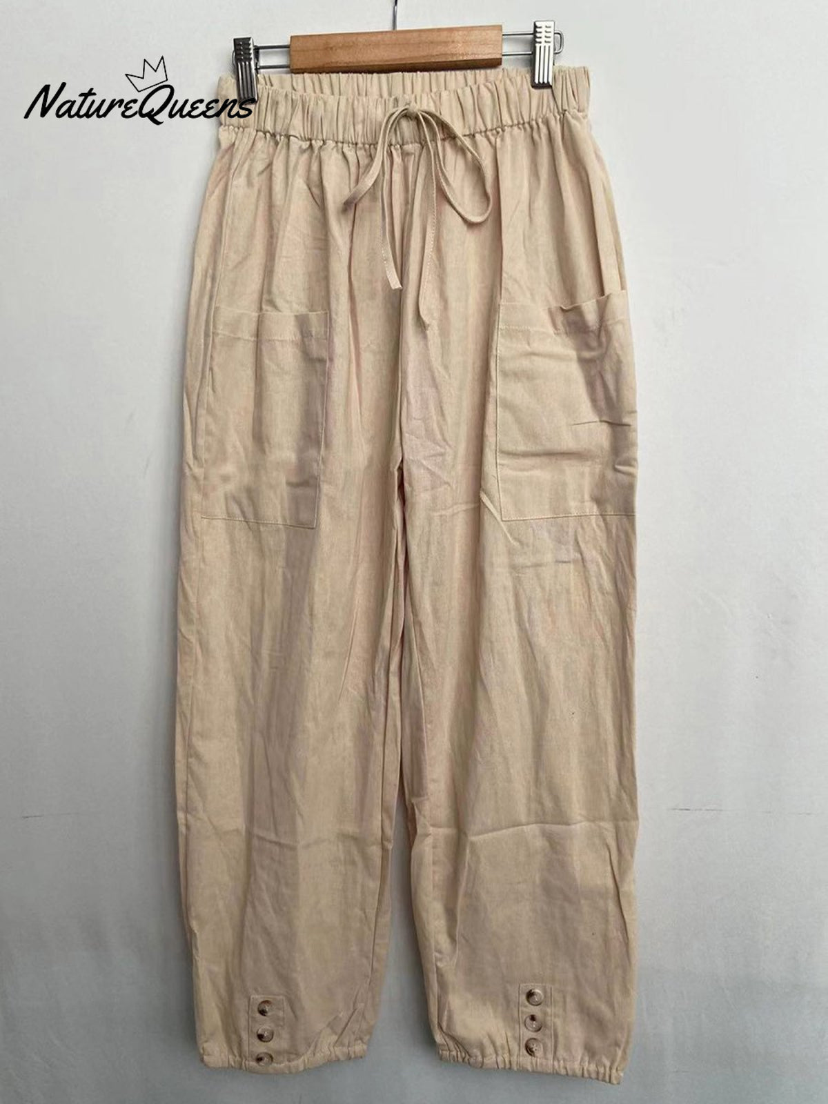 High - Waisted Buttoned Cotton And Linen Pants Cropped Beige / S