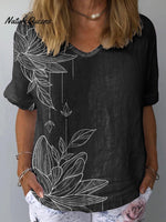 Line Drawing Water Lily Art Printed Women’s Casual Cotton And Linen Shirt Blackwhite / S