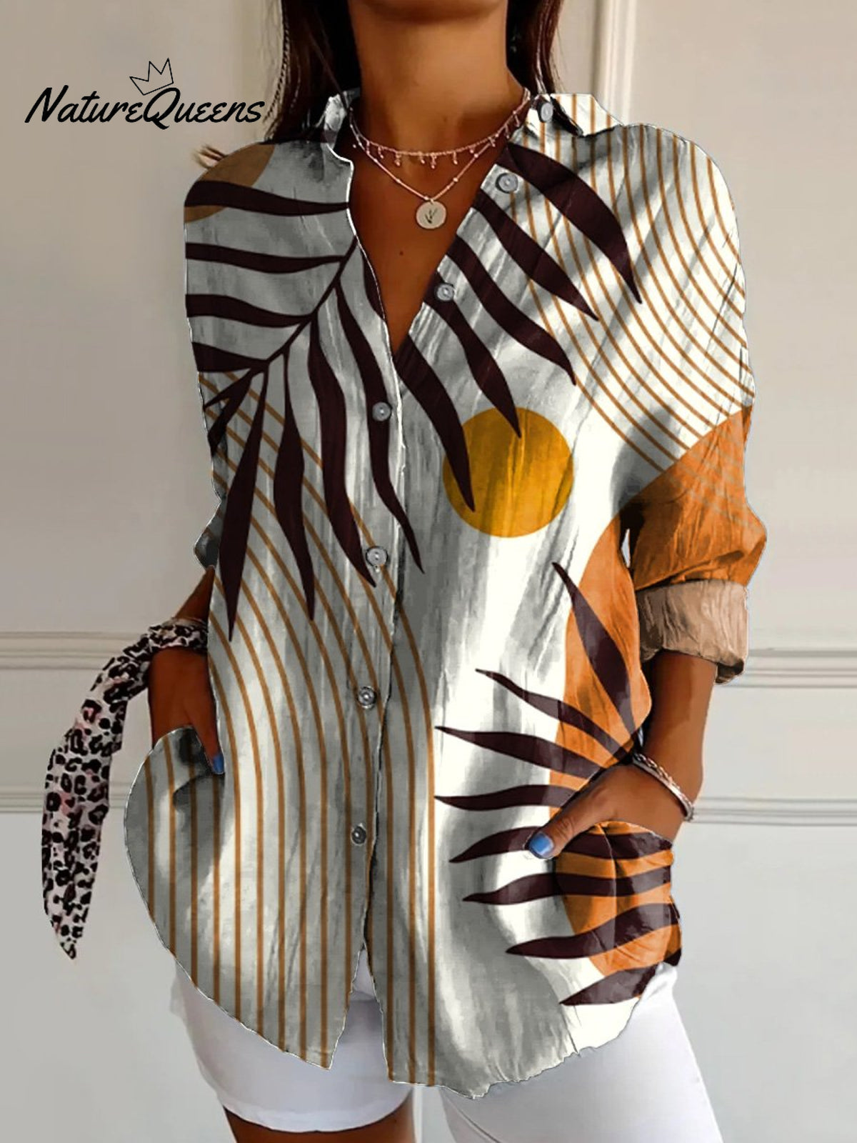 Modern Geometric Shape And Palm Tree Art Printed Women's Casual Cotton Shirt