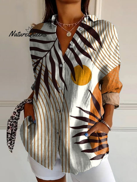 Modern Geometric Shape And Palm Tree Art Printed Women's Casual Cotton Shirt