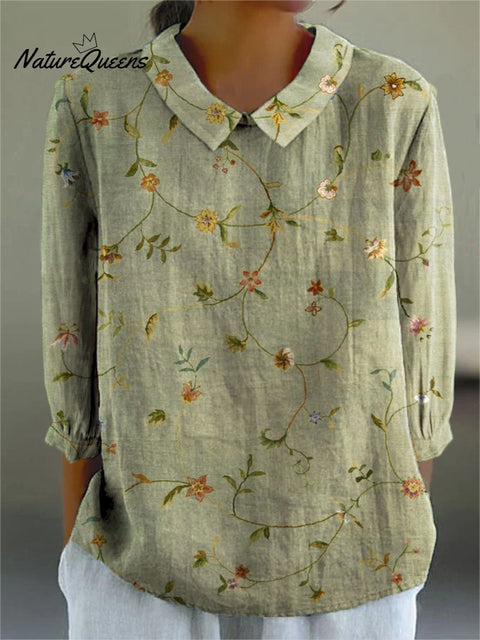 Women’s Vintage Floral Art Print Casual Cotton And Linen 3/4 Sleeve Shirt Multicolor / S
