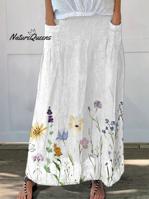 Watercolor Spring Meadows Art Printed Women’s Linen Elastic Waistband Pocket Skirt