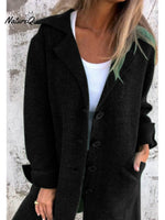 Women's Solid Color Lapel Cardigan with Pockets Single Breasted Mid-Length Jacket