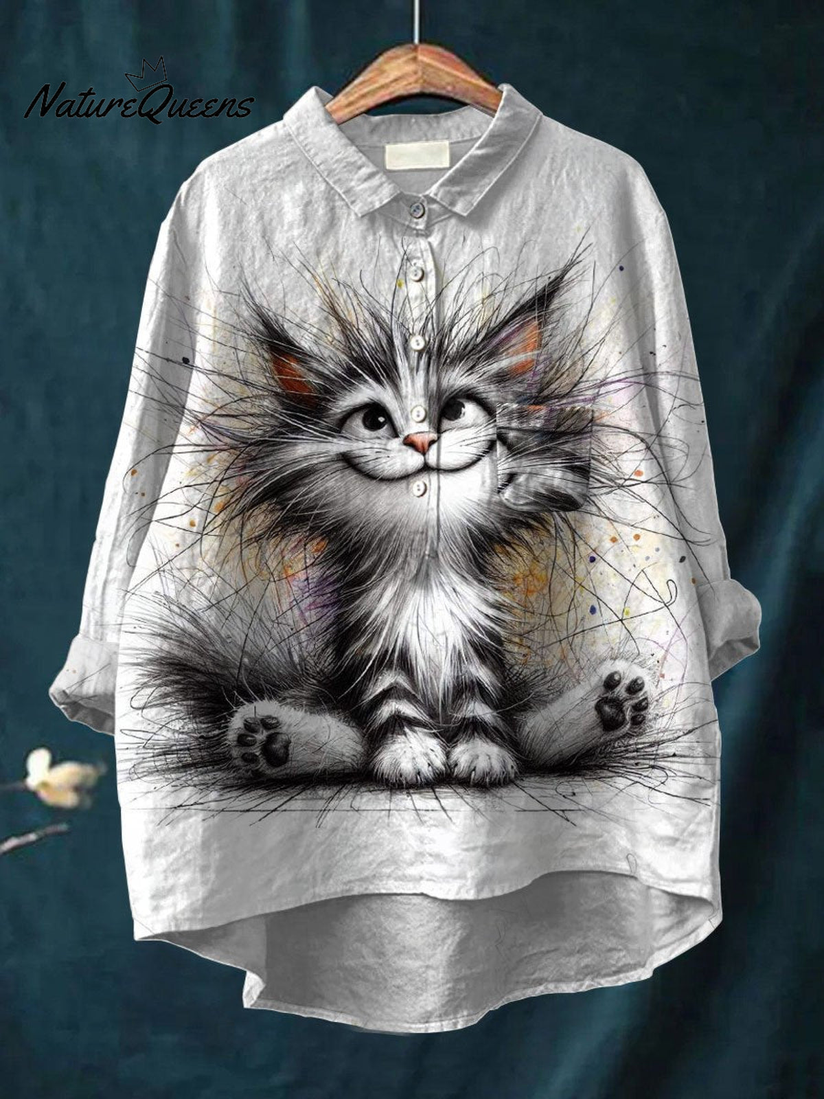 Women'sCat Print Casual Cotton And Linen Shirt