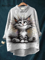 Women'sCat Print Casual Cotton And Linen Shirt