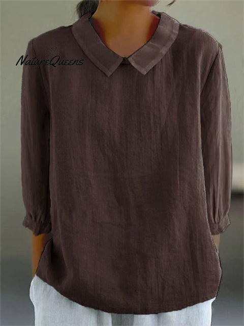 Women’s Solid Color Casual Cotton And Linen 3/4 Sleeve Shirt Brown / S