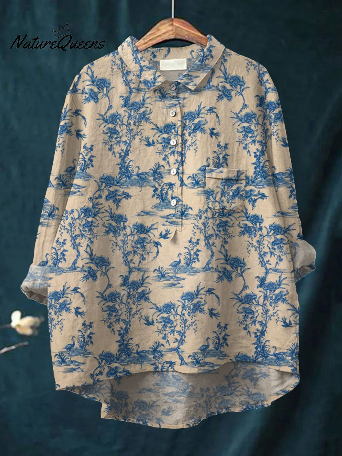 Women's Flower Art Print Casual Cotton And Linen Shirt