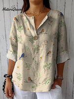 Boughs And Robin Birds Pattern Printed Women's Casual Cotton Linen Shirt
