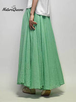 Women’s Cotton Linen Skirt Casual Elastic High Waist Pleated A-Line Beach Skirts Matcha Green / S