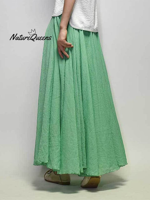 Women’s Cotton Linen Skirt Casual Elastic High Waist Pleated A-Line Beach Skirts Matcha Green / S