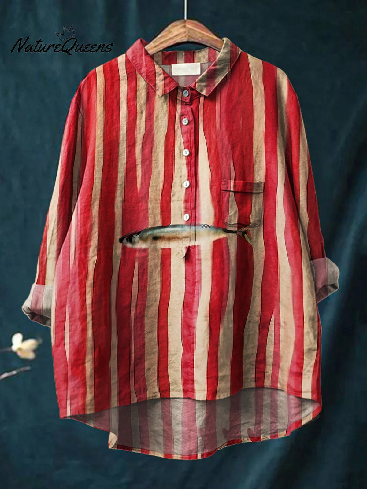 Women's Red Striped Sardines Print Casual Cotton And Linen Shirt