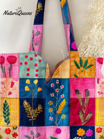 Flower Splicing Print Pattern Linen Tote Bag