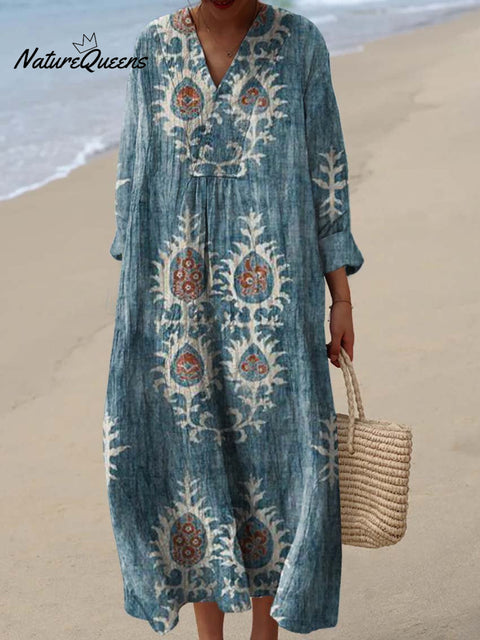 Women's Vintage Ethnic Floral Art Print Cotton Dress