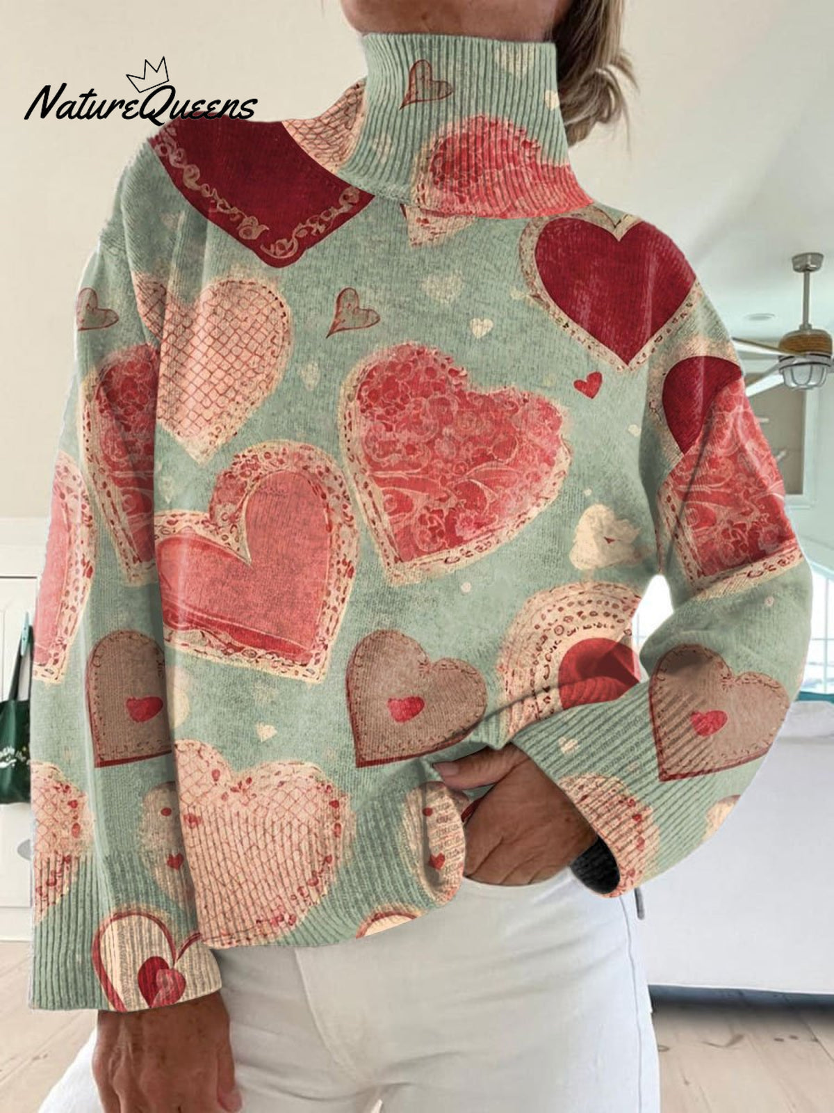 Valentine's Day Vintage Love Art Print Knit Turtleneck Pullover Sweater