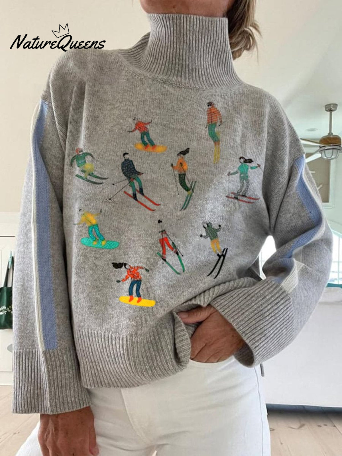 Retro Apres Ski Art Print Knit Turtleneck Pullover Sweater