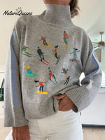 Retro Apres Ski Art Print Knit Turtleneck Pullover Sweater