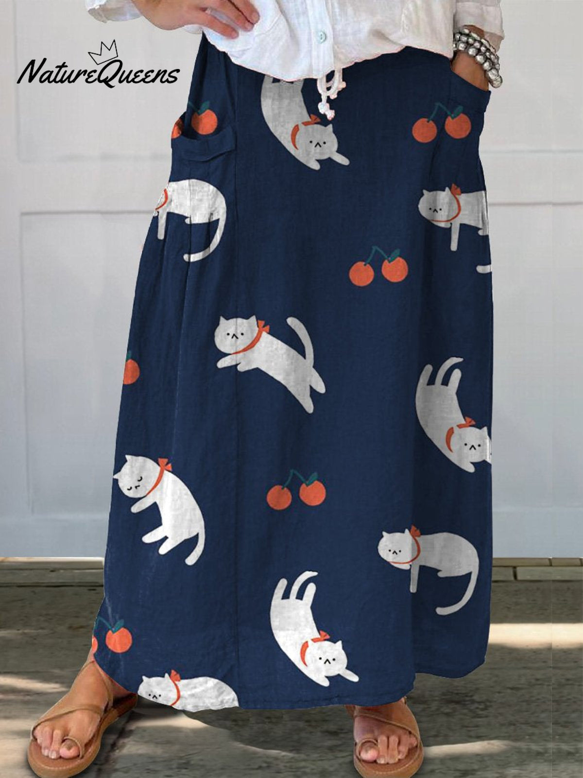 Lovely Cartoon Cat And Cherry Pattern Printed Women's Linen Pocket Skirt