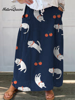 Lovely Cartoon Cat And Cherry Pattern Printed Women's Linen Pocket Skirt