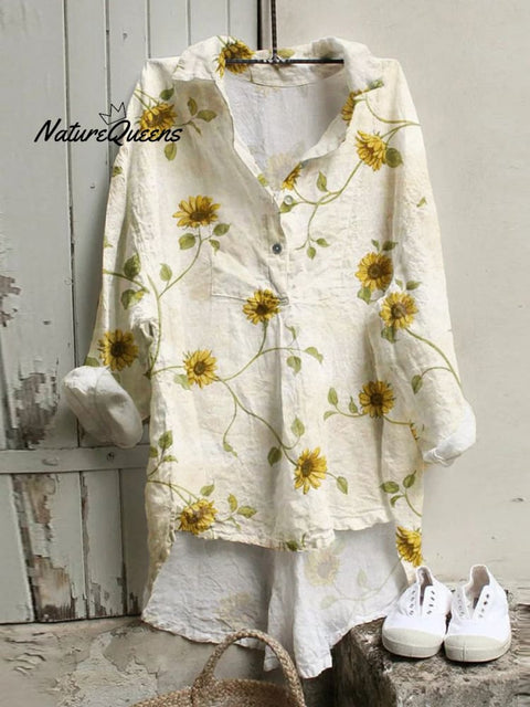 Women’s Sunflower Art Print Casual Shirt Multicolor / S