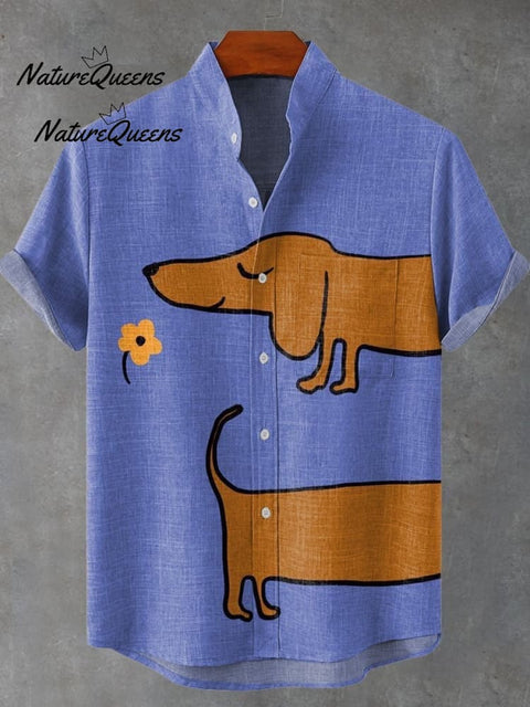 Cute Dachshund Floral Art Print Cotton and Linen Long Sleeve Shirt