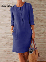 Spring Cotton And Linen Round Neck Long Sleeve Dress Dark Blue / S