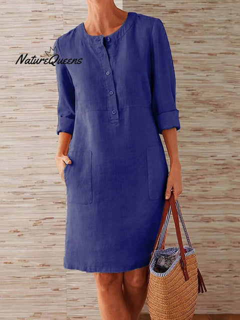 Spring Cotton And Linen Round Neck Long Sleeve Dress Dark Blue / S