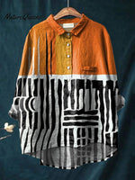 Women's Orange Abstract Print Art Casual Cotton And Linen Shirt