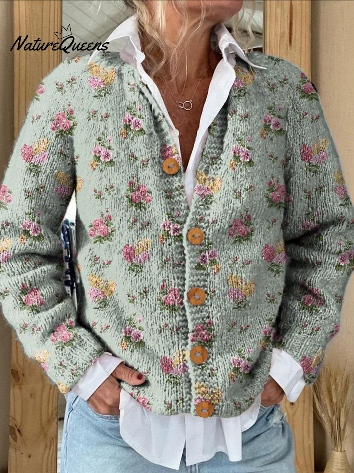 Lovely French Rose Repeat Pattern Printed Buttoned Cardigan Sweater