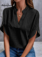 Women’s Summer Solid Colour V - Neck Loose Linen Shirt Black / S