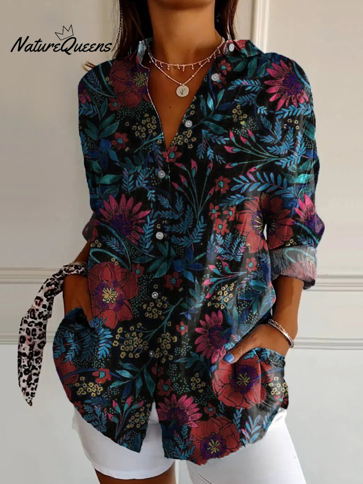 Red Flowers and Plants Decorative Pattern Casual Cotton Shirt