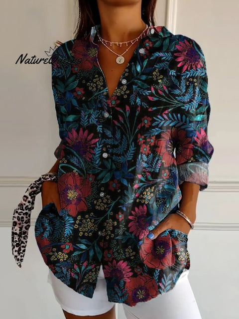 Red Flowers and Plants Decorative Pattern Casual Cotton Shirt