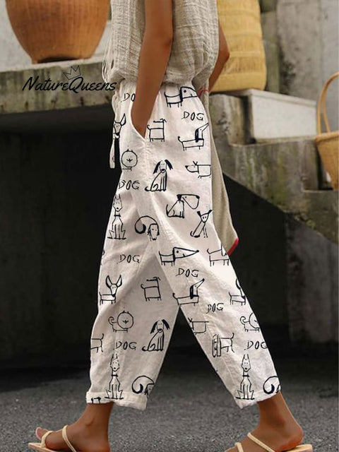 Women's Cute Dog Printed 100%Cotton Casual Pants