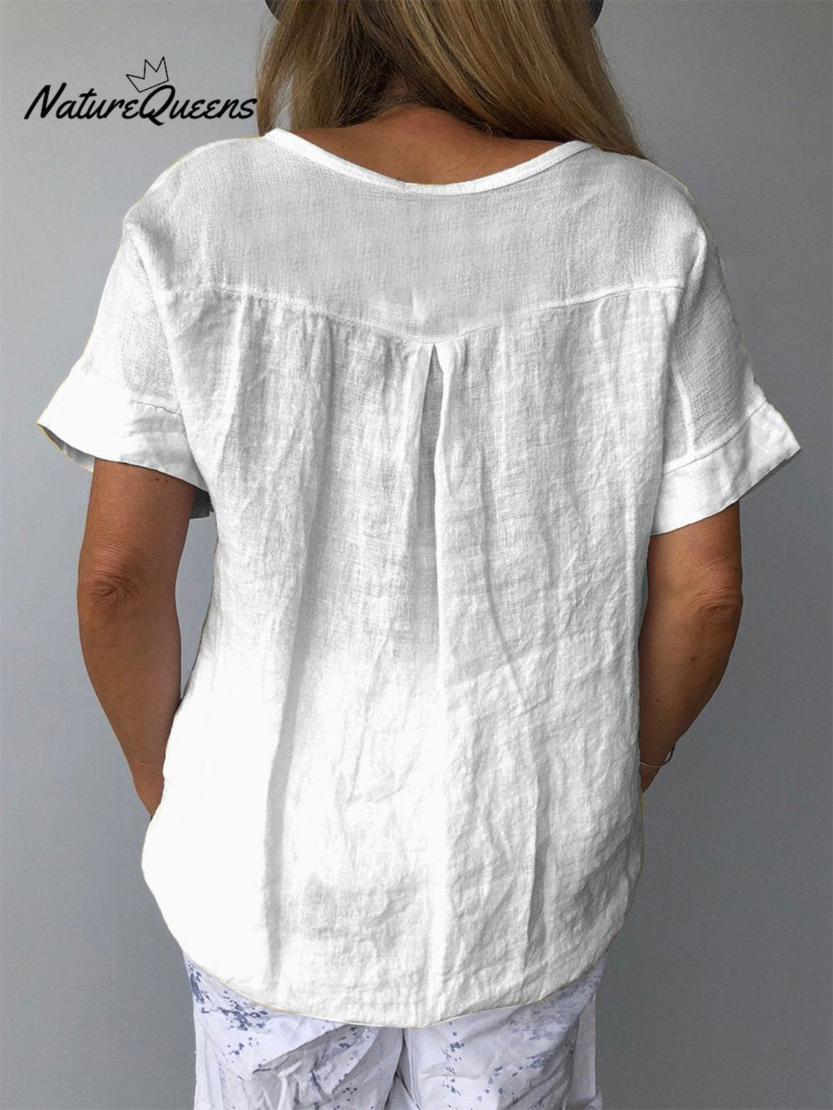 Simple Style Blue Gypsophila Floral Printed Women’s Casual Cotton And Linen Shirt