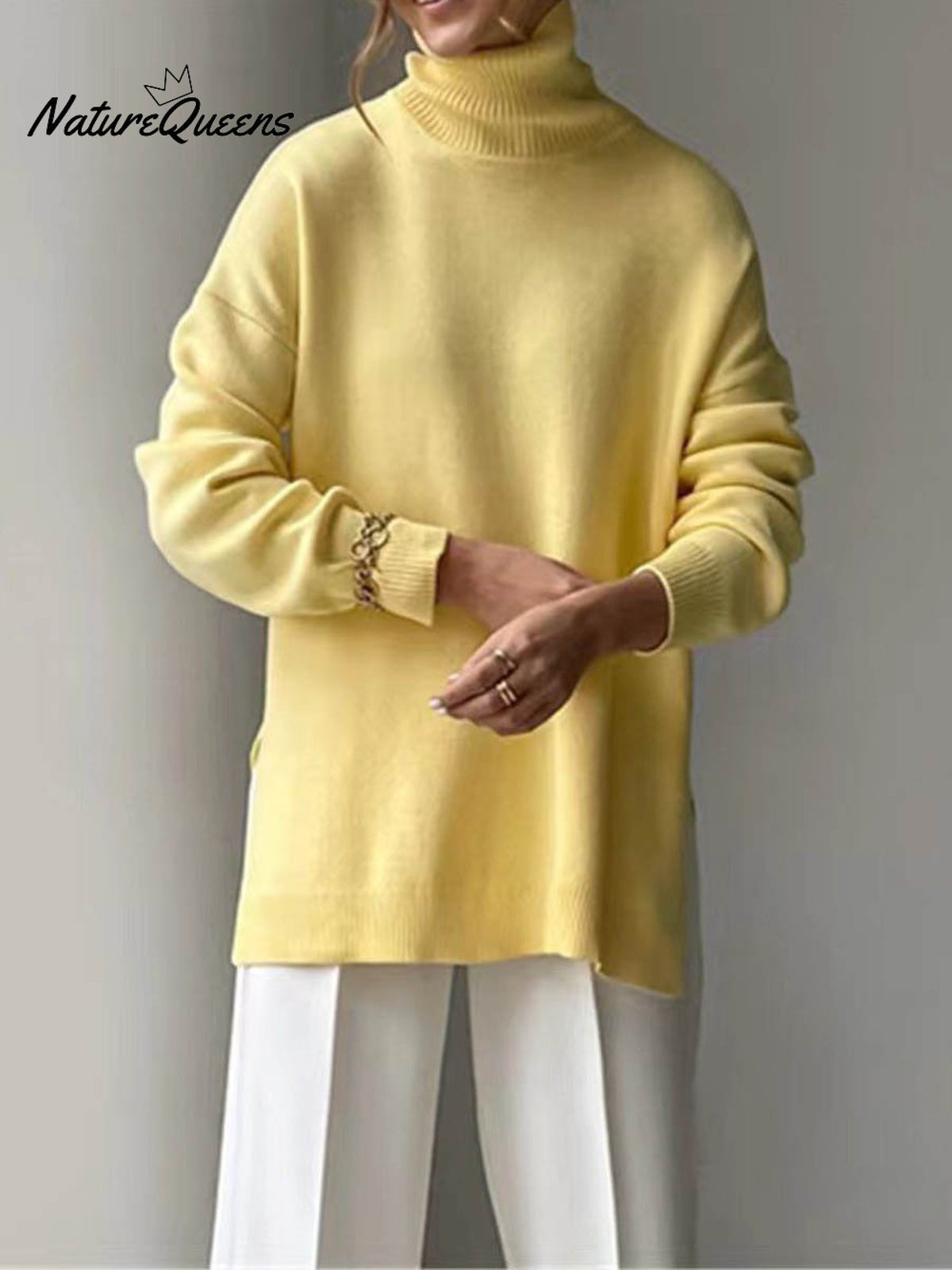 Women's Solid Color Stylish Long-sleeved Loose turtleneck Warm Casual Knitted Sweater