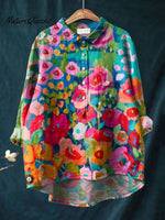 Women's Flower Print Casual Cotton And Linen Shirt