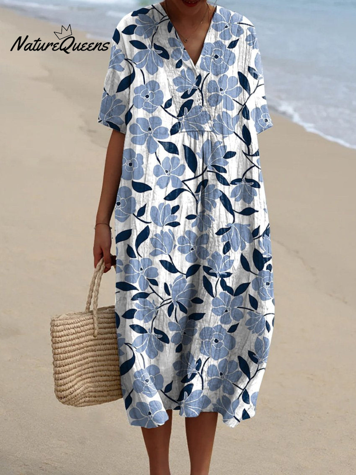 Spring Blue Floral Repeat Pattern Printed Women’s Flowy Dress Bluewhite / S