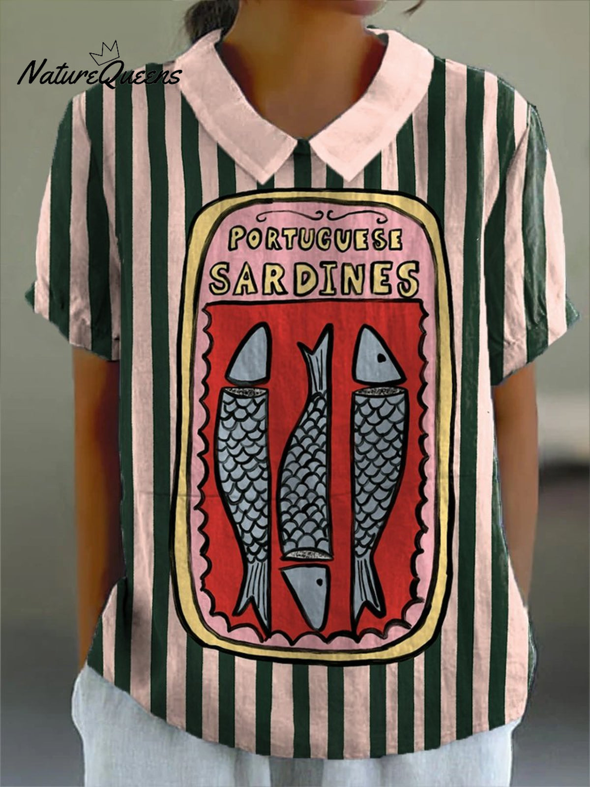 Women's Canned Pink-green Striped Sardines Print Casual Cotton And Linen Shirt